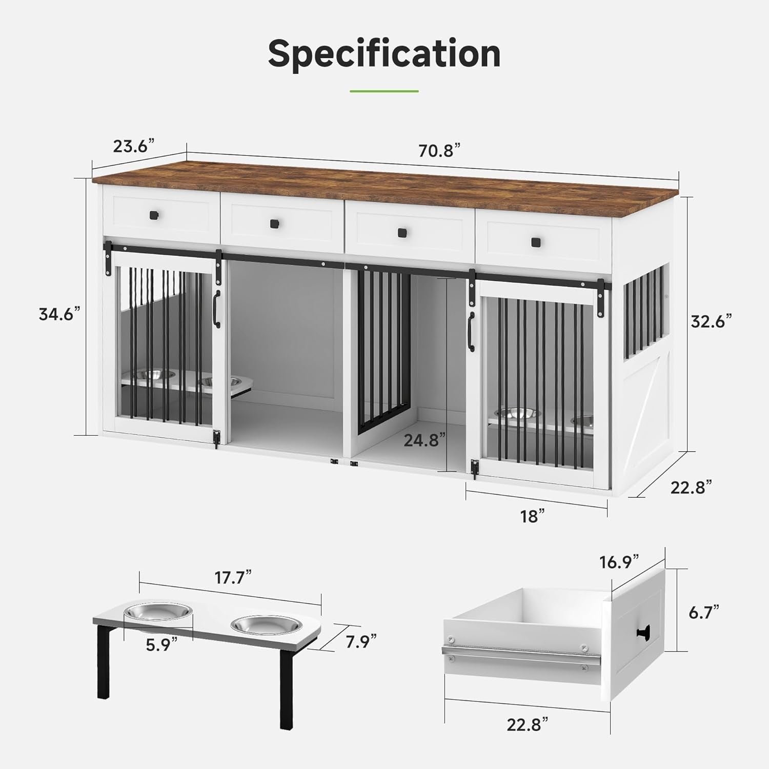 71” Large Dog Crate Furniture for 1 or 2 Dogs with Sliding Door, Heavy Duty Dog Kennel Furniture for Small/Medium Dogs with 4 Bowls, Dog Cage with Steel Frame, White