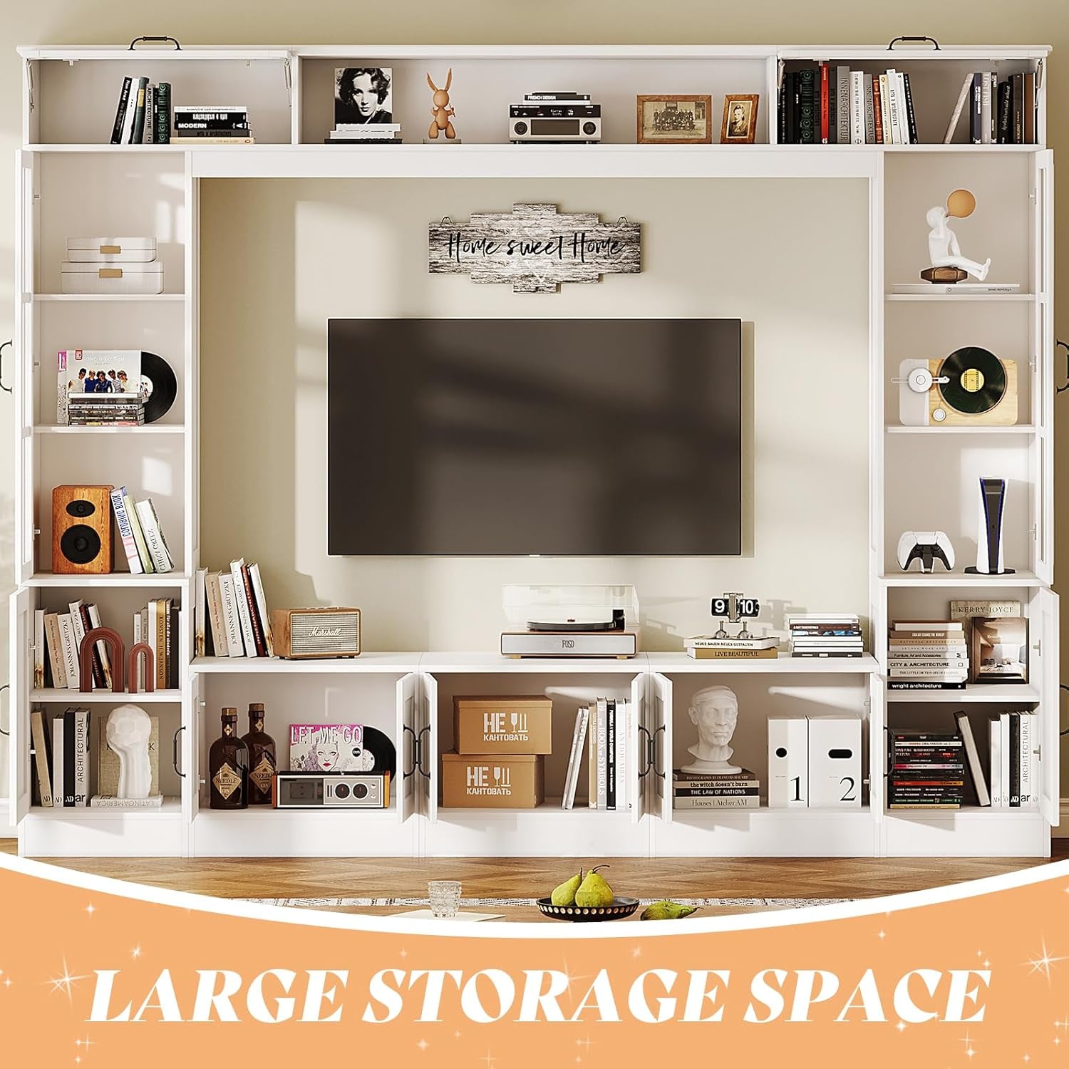 98" W Wall Unit TV Stand with Storage for Tvs up to 80", Modern TV Console with LED Lights, Entertainment Center with Bookshelves for Living Room, White