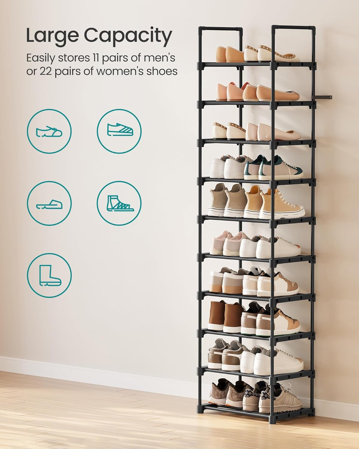 Shoe Rack, 10-Tier Shoe Organizer, Metal Storage Shelf, Upright or Upside Down, for 11-22 Pairs, for Entryway, 11.8 X 17.7 X 68.5 Inches, Black ULSA25BK
