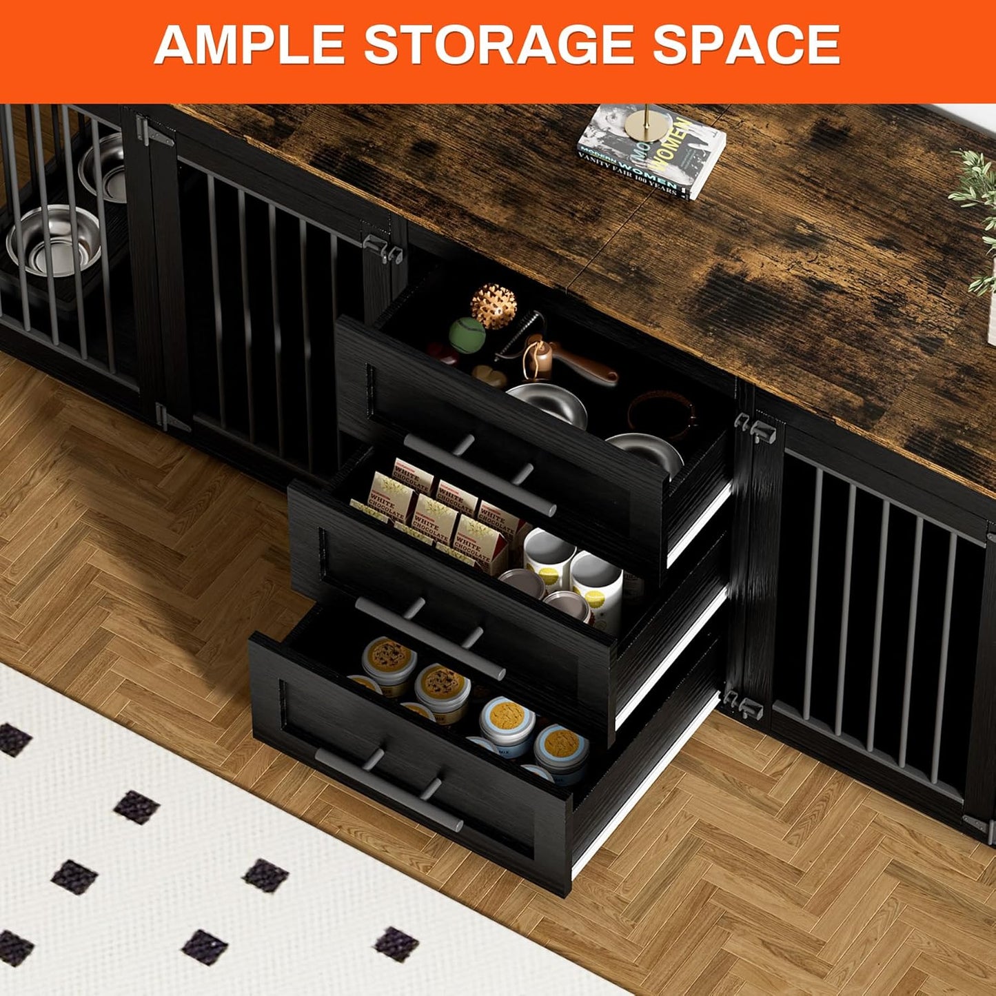 94.5" Dog Crate Furniture for 2 Dogs, Large Dog Kennel Furniture with 3 Storage Drawer, Wooden Dog Cage with 4 Bowls, Indoor Dog House TV Stand with Locks for Large Medium Dog, Black