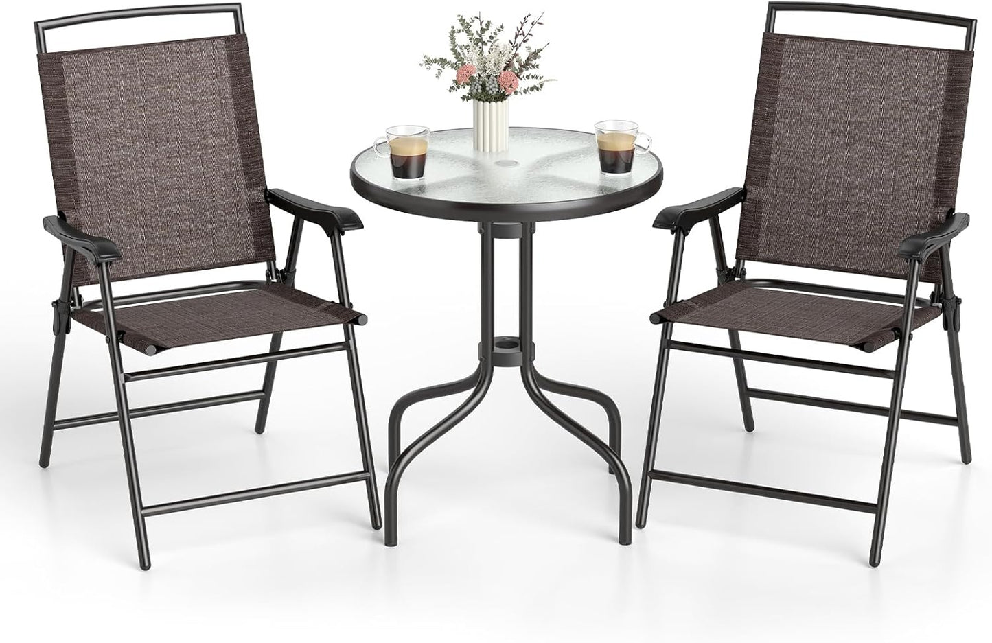 Bistro Table and Chairs Set of 2, Outdoor 3 Piece Patio Bistro Set with 1.57” Umbrella Hole, Tempered Glass Tabletop, 2 Folding Chairs, Small Patio Furniture Dining Set for Garden, Balcony