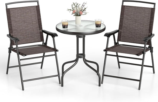 Bistro Table and Chairs Set of 2, Outdoor 3 Piece Patio Bistro Set with 1.57” Umbrella Hole, Tempered Glass Tabletop, 2 Folding Chairs, Small Patio Furniture Dining Set for Garden, Balcony