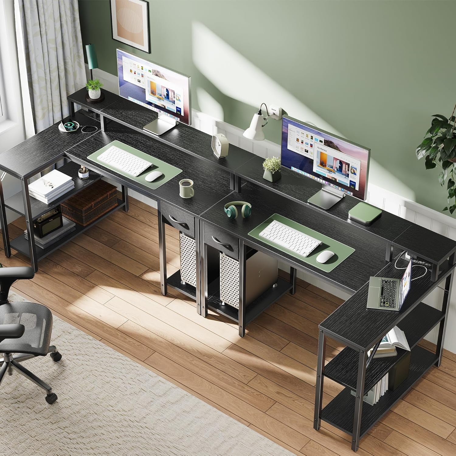47 Inch L Shaped Gaming Desk with LED Lights & Power Outlets, Reversible Computer Desk with Shelves & Monitor Stand, Corner Desk with Drawer, for Home & Office, Black