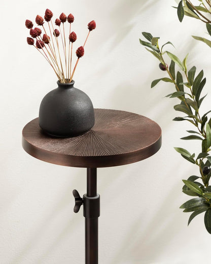 Engles Traditional Adjustable-Height Pedestal Drink Table; 10 X 10 X 30; Bronze; Vintage round Indoor Metal Plant Stand with Embossed Sunburst Pattern