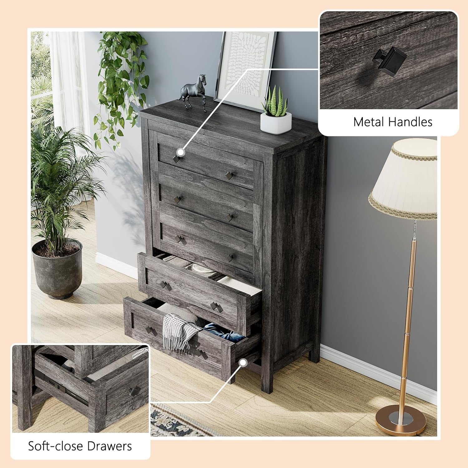 2-Piece Bedroom Set, Farmhouse Full Size Bed Frame and 5 Drawers Dresser, Wooden Storage Bed with Charging Station & 4 Drawers, Tall Dressers Organizer with Metal Handles for Bedroom, Grey