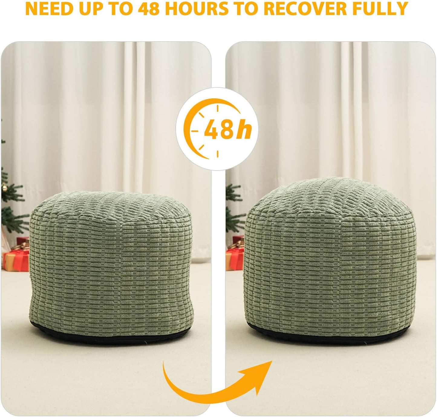 Round Stuffed Pouf Ottoman for Foot Rest, Storage Ottoman Pouf Foot Stool Cushion, Faux Fur Poufs with Foam Chunk Filling, 26 X 18 Inch Floor Chair for Living Room Bedroom Home Decor, Green