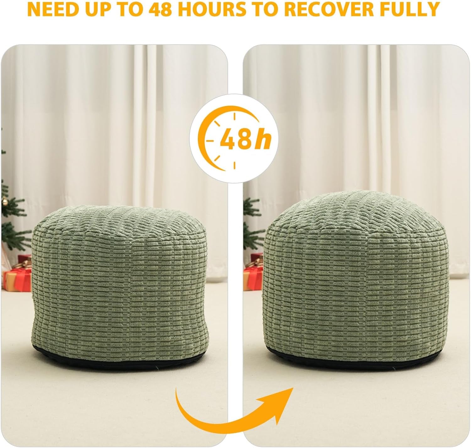 Round Stuffed Pouf Ottoman for Foot Rest, Storage Ottoman Pouf Foot Stool Cushion, Faux Fur Poufs with Foam Chunk Filling, 26 X 18 Inch Floor Chair for Living Room Bedroom Home Decor, Green