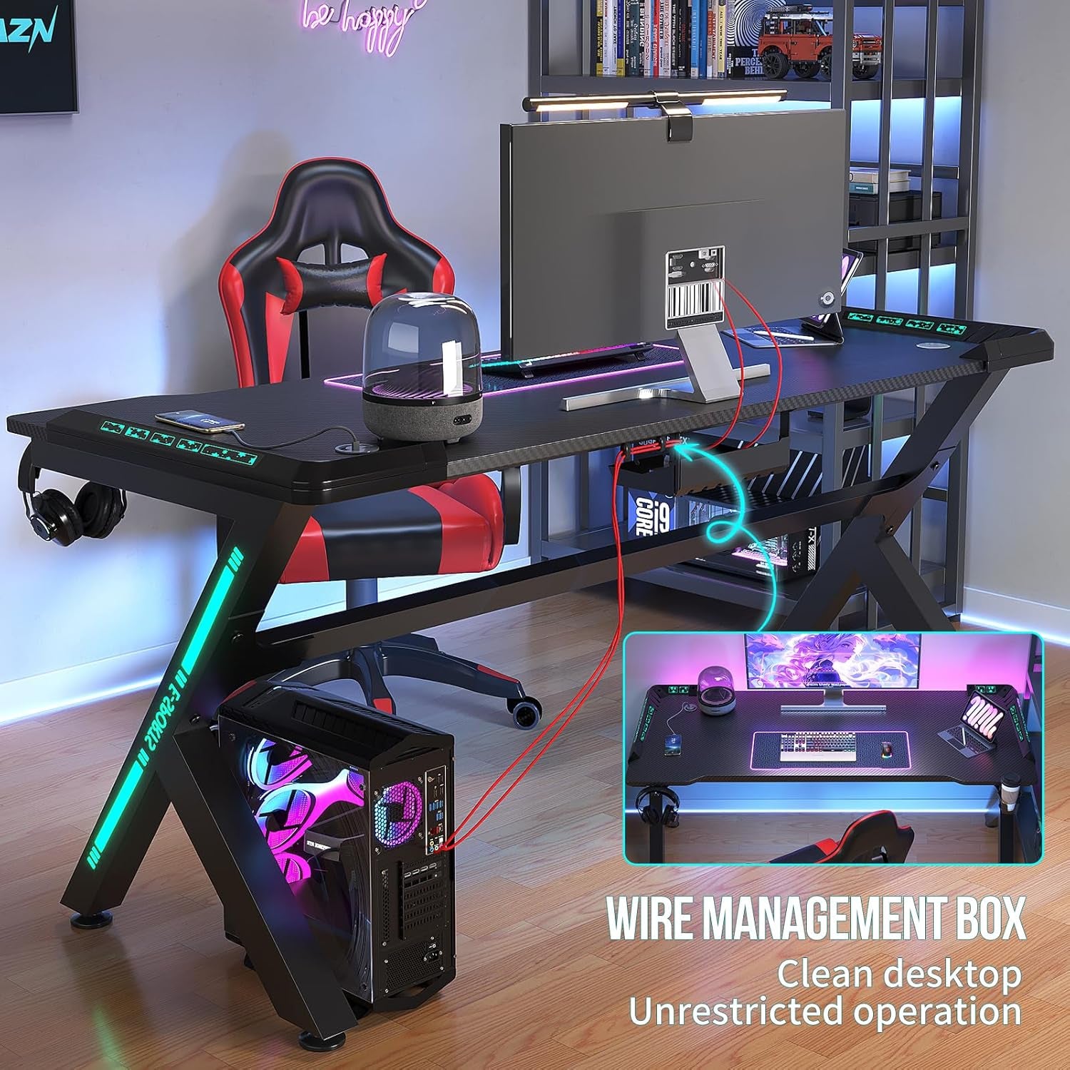 Gaming Desk, 47'' Computer Desk, Gaming Desk W/Carbon Fiber Desktop & 3D-Printed Relief Patterns, Home Office Desks W/Ergonomic Design, Computer Desks W/Cup & Headphone Holder, Cable Organizer