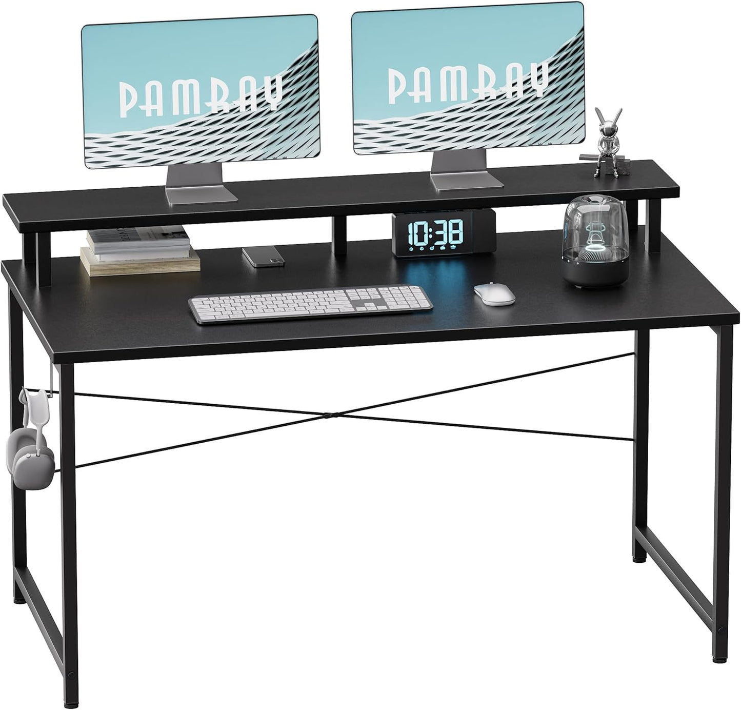 47 Inch Small Computer Desk with Monitor Stand, Simple Office Desk with Headphone Hook for Small Spaces, Kids Study Writing Table for Bedroom, Black