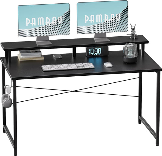 47 Inch Small Computer Desk with Monitor Stand, Simple Office Desk with Headphone Hook for Small Spaces, Kids Study Writing Table for Bedroom, Black