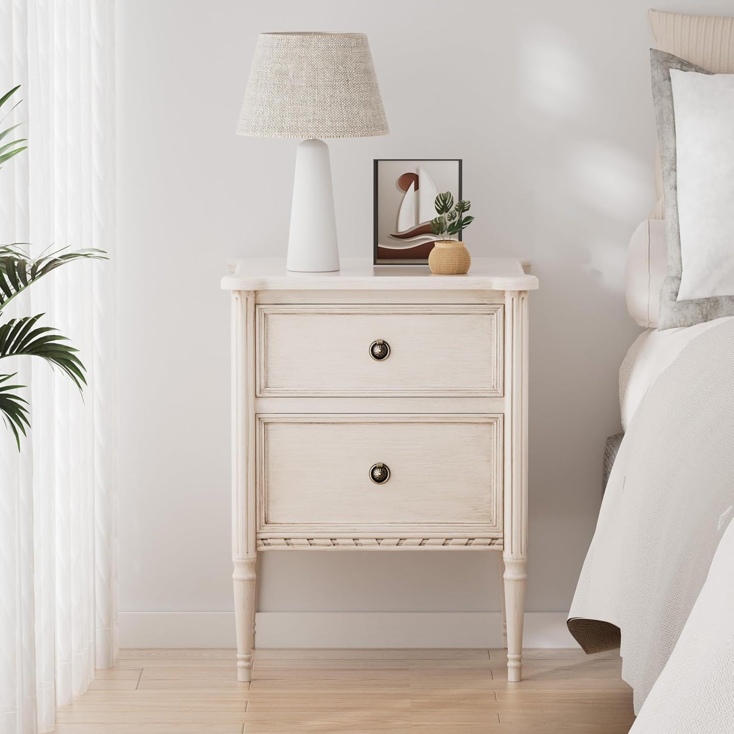 Farmhouse 2 Drawer Nightstand with Hidden Drawer, Antique Finish, Solid Pine Wood with MDF Drawers, Almost Fully Assembled, Cream White