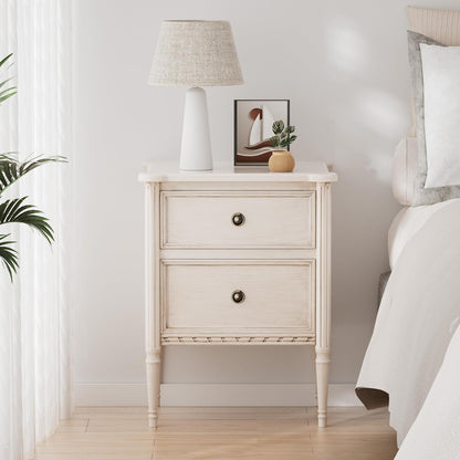 Farmhouse 2 Drawer Nightstand with Hidden Drawer, Antique Finish, Solid Pine Wood with MDF Drawers, Almost Fully Assembled, Cream White
