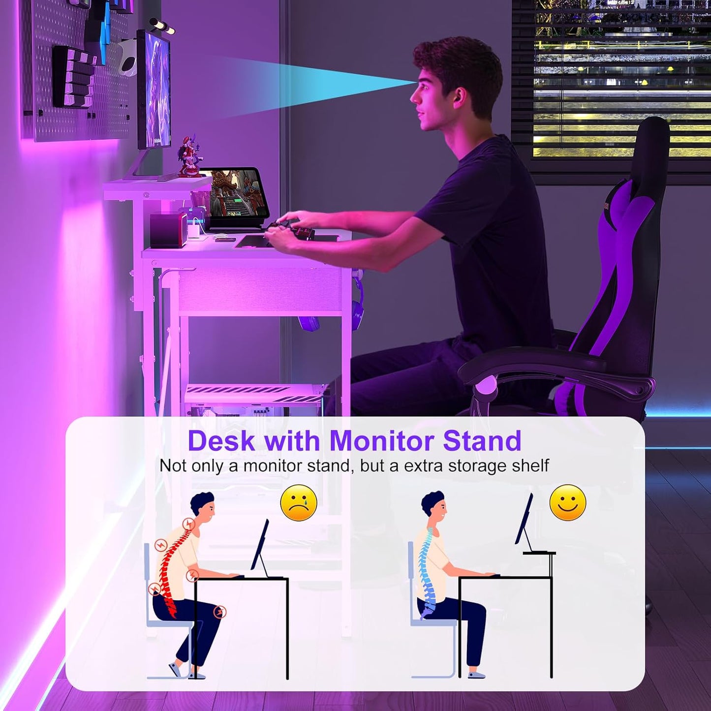 33.5" Small Gaming Desk with LED Lights & Power Outlets, Compact Computer Desk with Monitor Stand & CPU Stand, Gamer Table with Storage Drawer, Side Hooks for Home Office, Bedroom, White