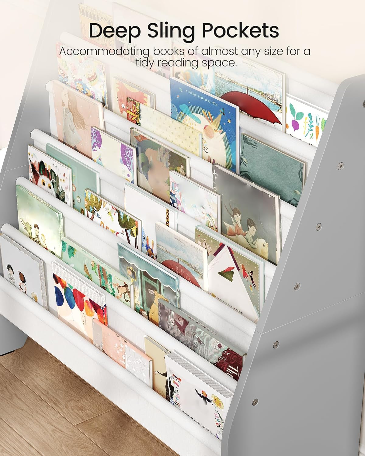 6-Tier Kids Bookshelf, Book Shelf for Kids Room, Sling Bookcase, Magazine and Book Storage Rack, Large Capacity Book Organizer for Nursery, Bedroom, Playroom, White and Gray MCW07WG