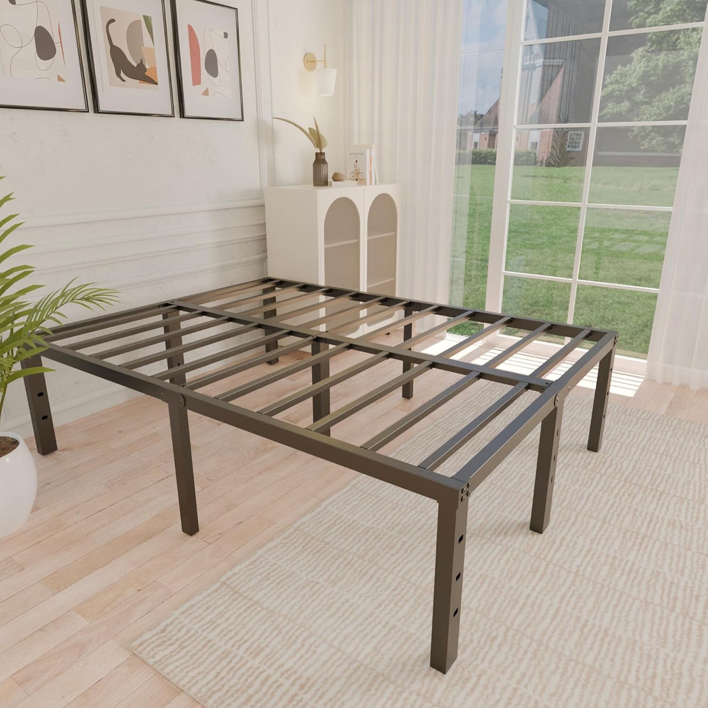 18 Inch Metal Full Size Bed Frame - Black Basic Steel Slats Platform, Easy Assembly Heavy Duty Noise Free Bedframes, No Box Spring Needed