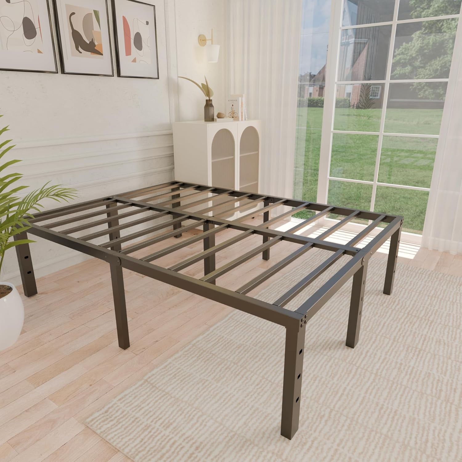 18 Inch Metal Full Size Bed Frame - Black Basic Steel Slats Platform, Easy Assembly Heavy Duty Noise Free Bedframes, No Box Spring Needed