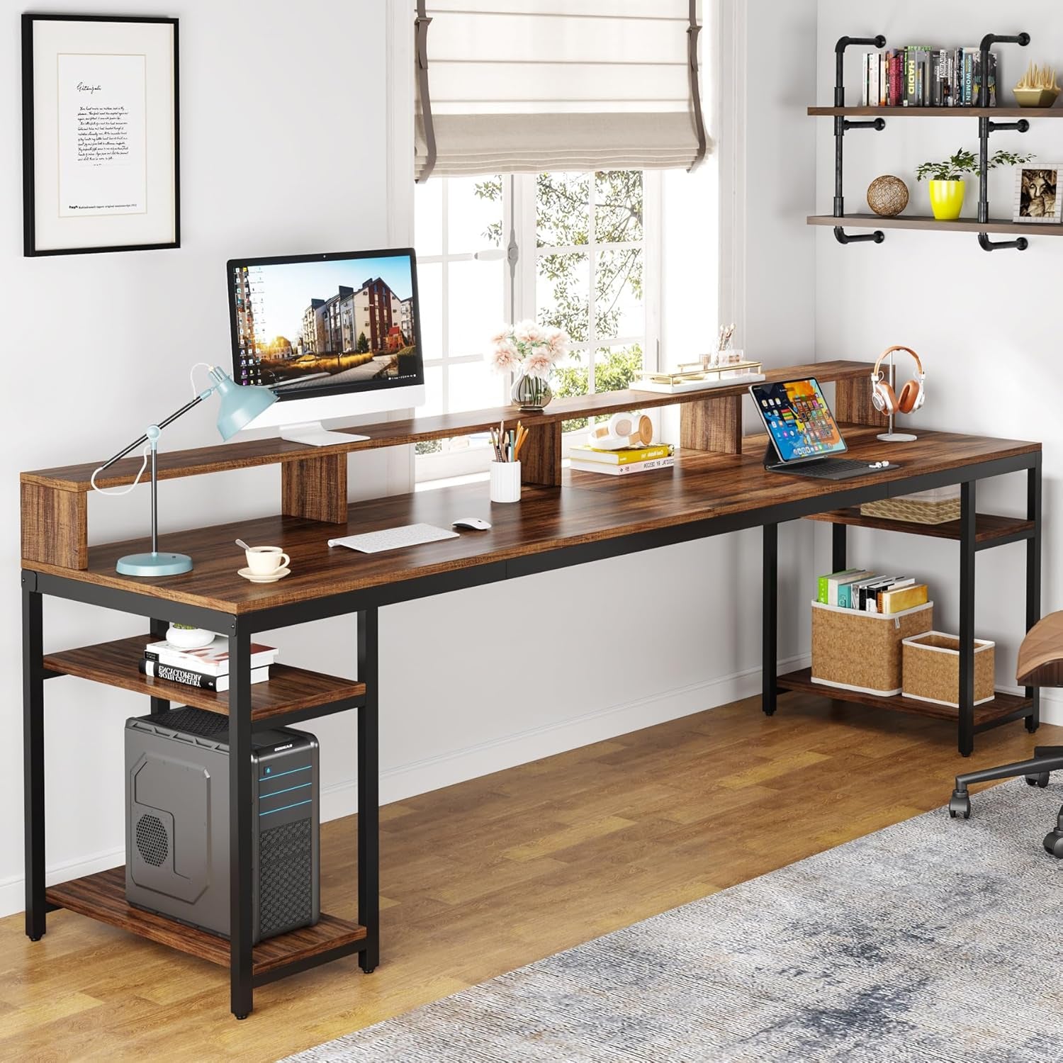 Two Person Desk with Monitor Stand, 78.74" Long Double Computer Office Desk with Storage Shelves, Large Gaming Study Writing Table Workstation for Home Office (Rustic Brown)