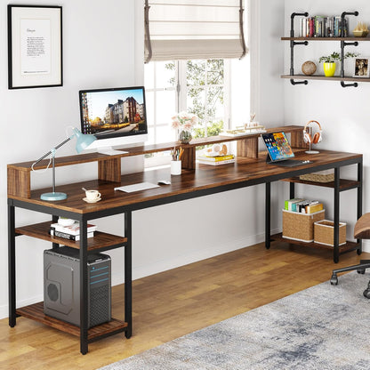 Two Person Desk with Monitor Stand, 78.74" Long Double Computer Office Desk with Storage Shelves, Large Gaming Study Writing Table Workstation for Home Office (Rustic Brown)