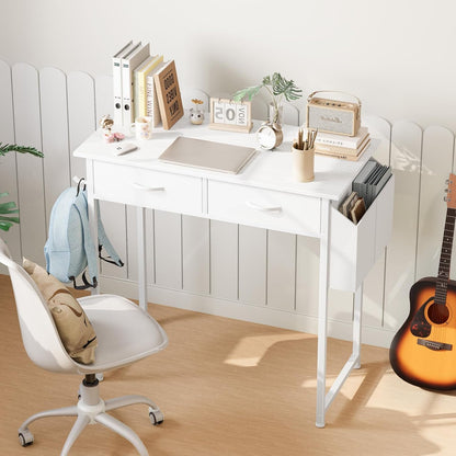 32" Home Office Computer Desk with Drawers, Small Gaming Writing Study Table with Storage Side Bag, Headphone Hook and Adjustable Feet for Bedroom White