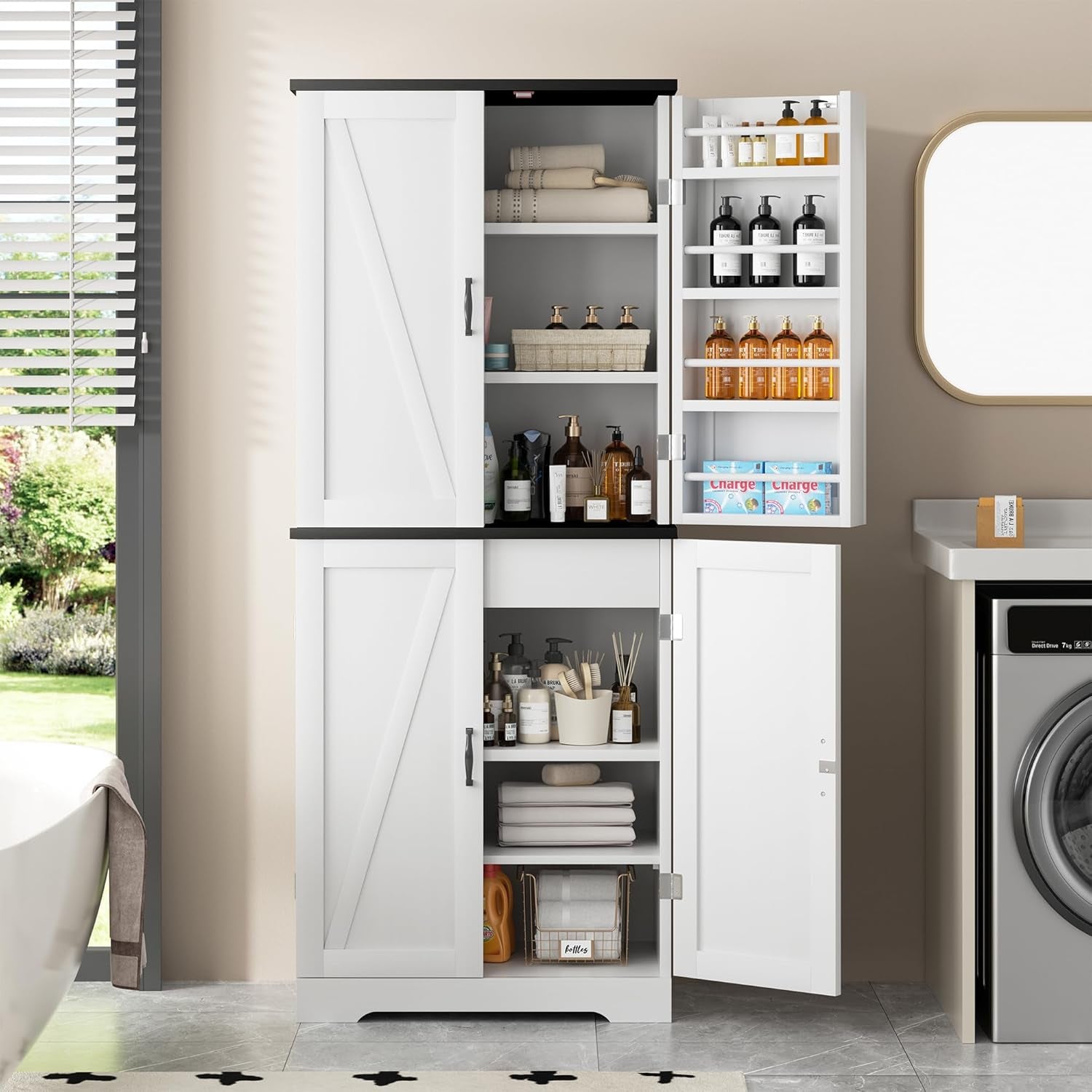 Kitchen Pantry Cabinet, Freestanding Farmhouse Storage Cabinet with 8 Door Shelves, 2 Cabinets and 1 Drawer, Tall Cupboard for Kitchen, Living Room, Dining Room and Bathroom, White