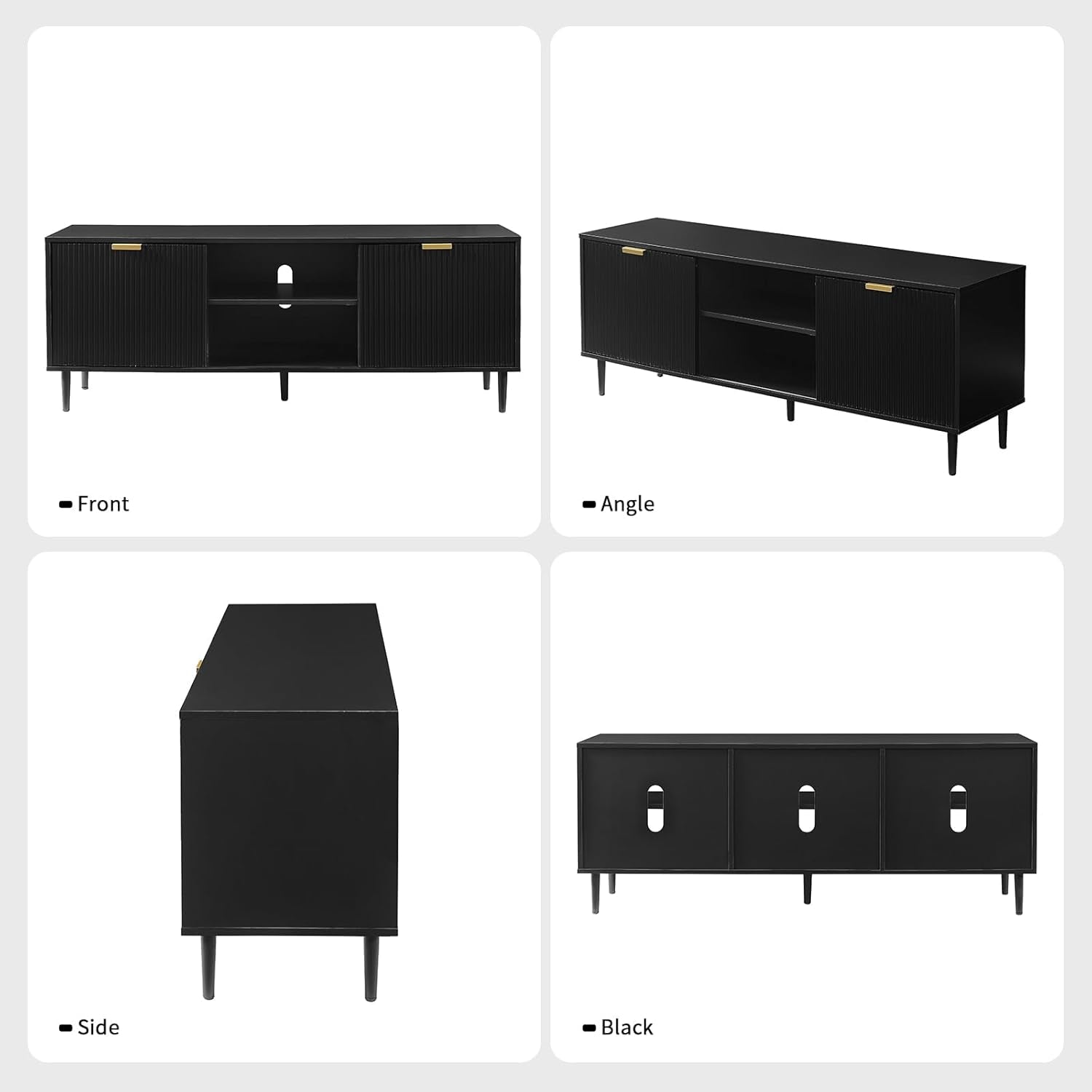Black TV Stand, Modern TV Consoles for Living Room 65+ Inch TV, Fluted Panel Media Console with Sliding Doors & Ajustable Shelves, Entertainment Stand with Storage Cabinets