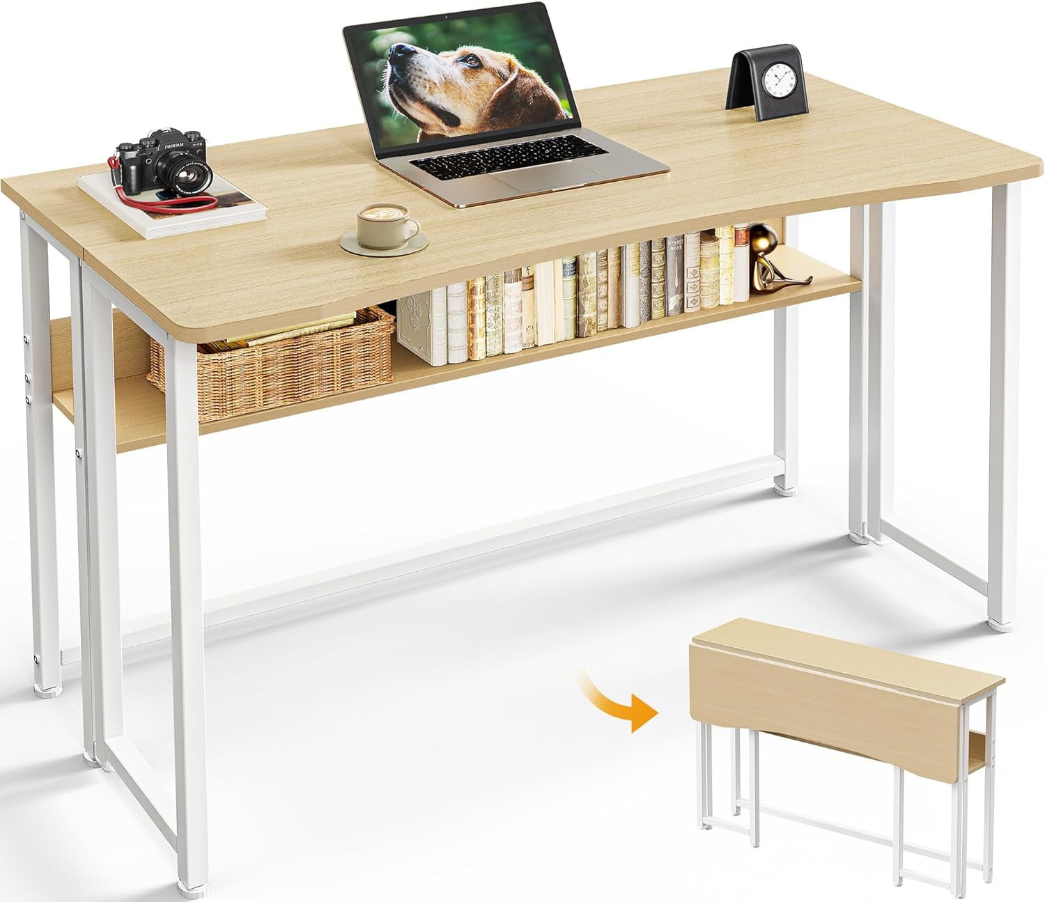 Folding Desk with Storage Shelf, 39.3 Inch Foldable Computer Table for Small Spaces, Space Saving Sofa Table for Couch, Writing Work Office Computer Desk, Easy to Fold, Oak
