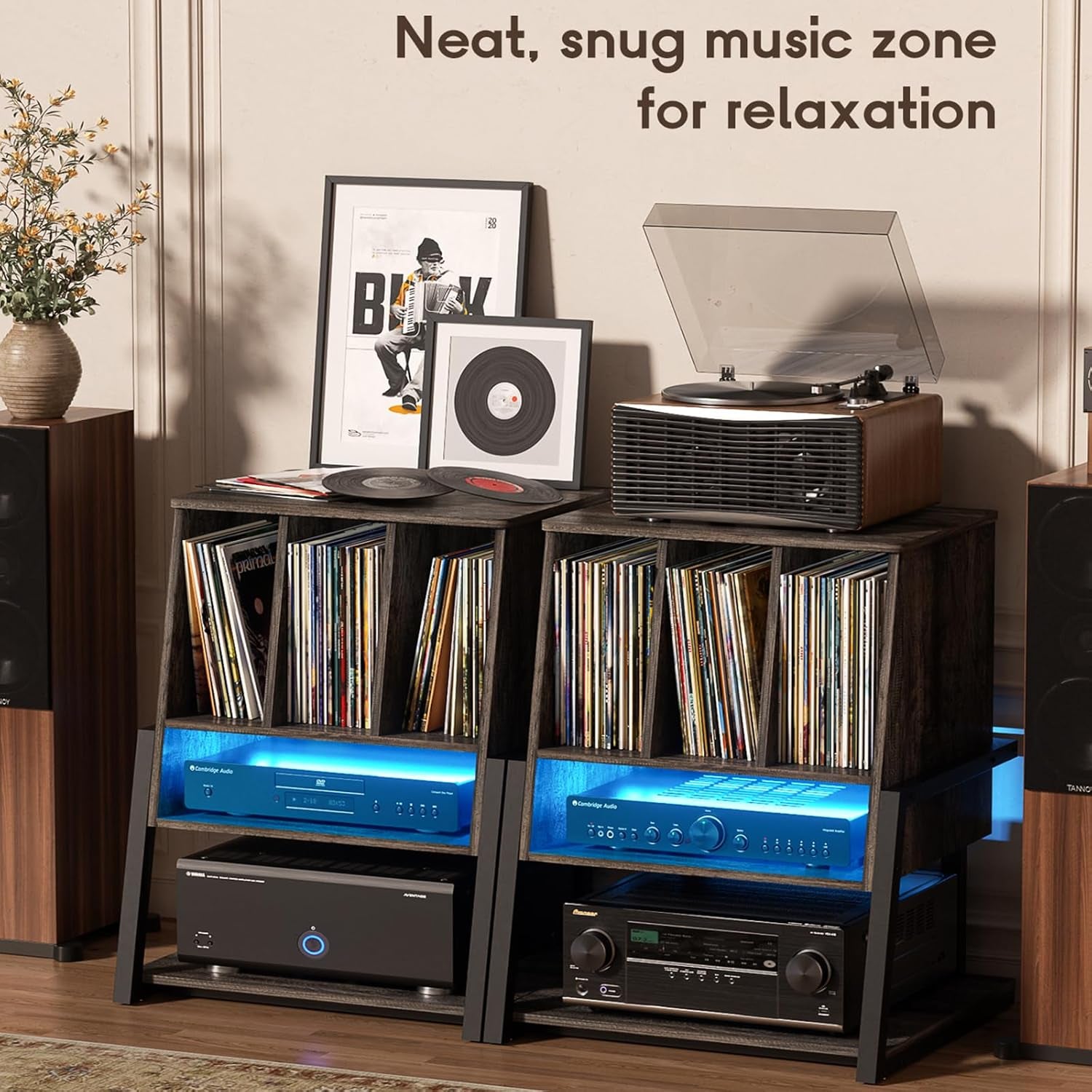 Record Player Stand with Power Outlet & Smart LED, 3-Tier Vinyl Record Storage Cabinet for 200+ Albums, 22" Turntable Station with Wooden Dividers, Modern End Table for Small Space, Grey Oak