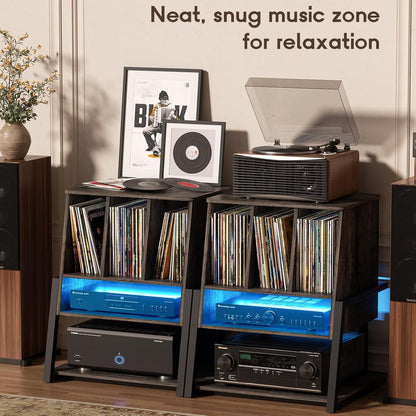 Record Player Stand with Power Outlet & Smart LED, 3-Tier Vinyl Record Storage Cabinet for 200+ Albums, 22" Turntable Station with Wooden Dividers, Modern End Table for Small Space, Grey Oak