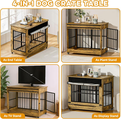 32" Dog Crate Furniture, Double Door Wooden Indoor Dog Kennel Furniture, Decorative Pet Cage End Table with Wheels for Medium and Small Breed Dogs, Size M, Rustic Brown