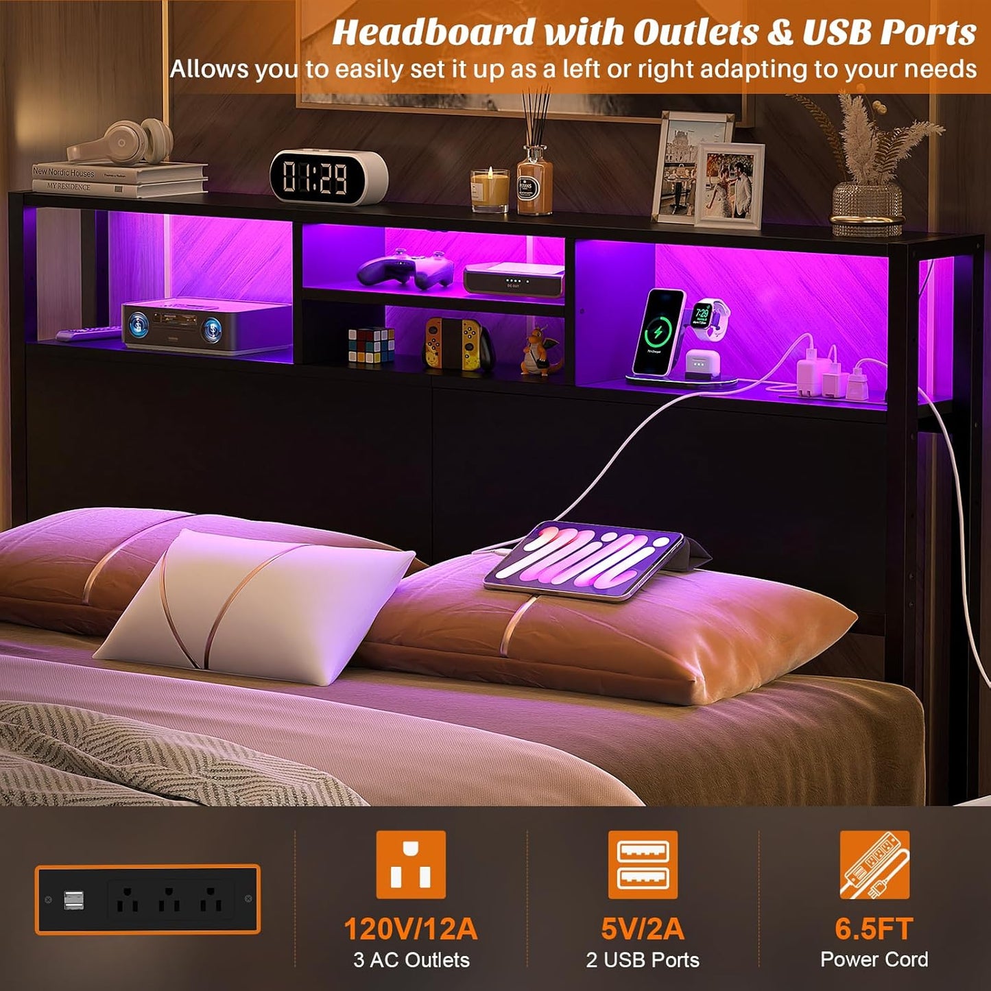 Headboard for Queen Size Bed with Storage, Headboards with Outlets, USB Ports and LED Light, Queen Size Head Board Only, Height Adjustable, Reversible, Sturdy and Stable Headboard, Black