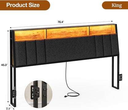 Hidden Storage Headboard King Size with Charging Station, Ergonomic Upholstered King Headboard Only with LED Lights, 2 Outlets & 2 USB Ports, Attach Frame, Easy Assembly, Dark Grey