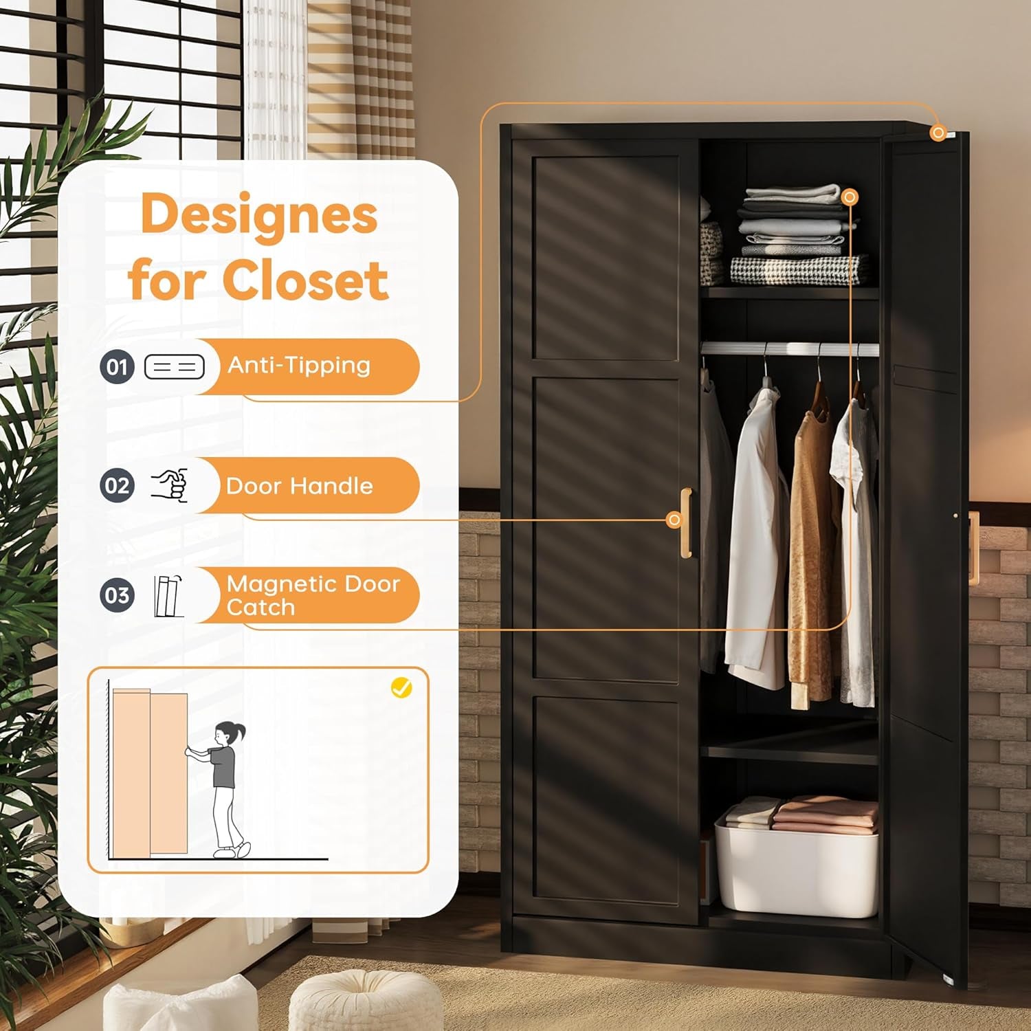 Metal Storage Cabinet with Hanging Rail, Black Armoire Wardrobe Closet with 2 Doors,71" H Storage Closet Cabinets with Adjustable Shelves and Removable Hanging Rods