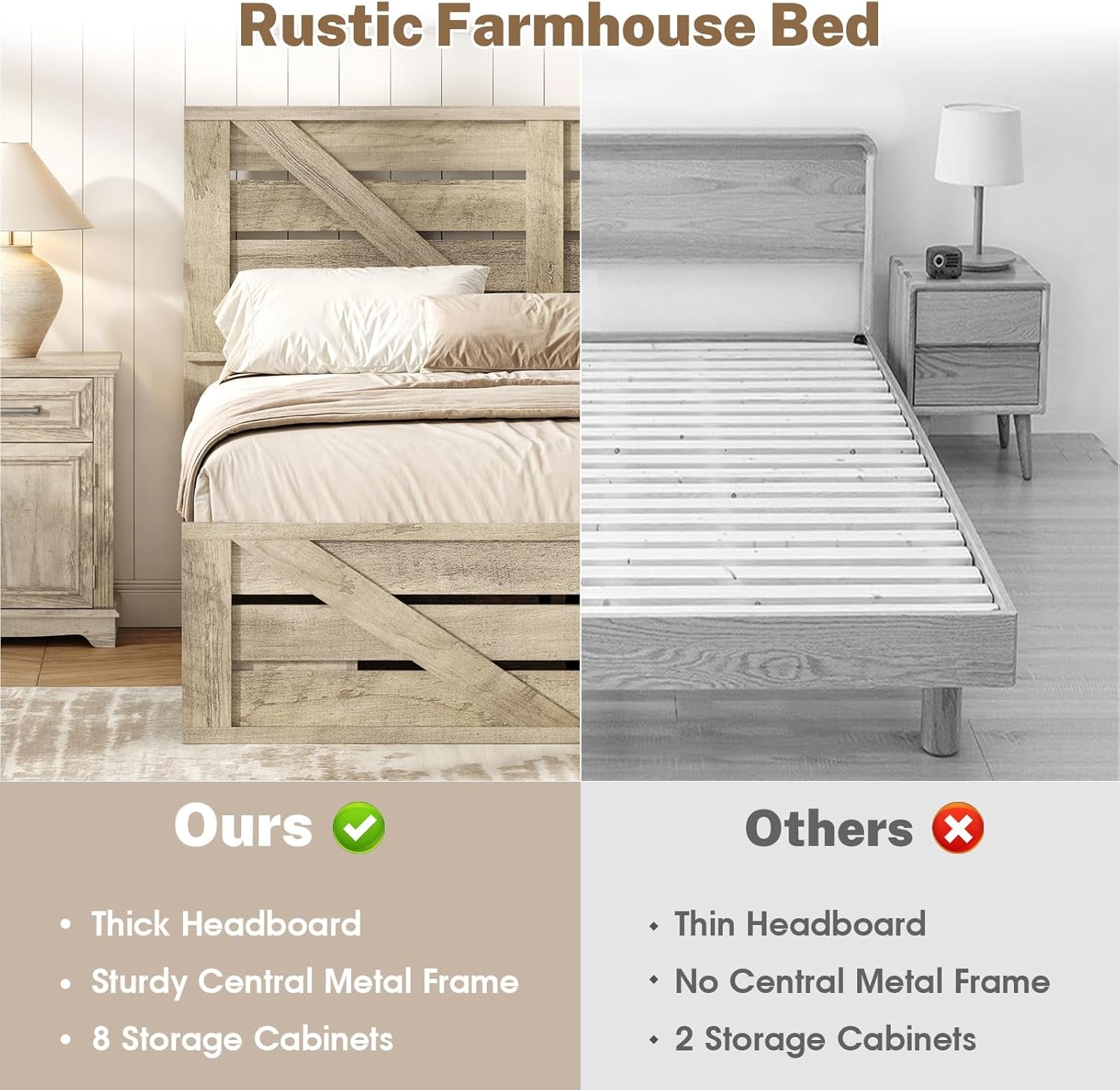 Farmhouse Full Size Wood Bed Frame with Sliding Barn Door Storage Cabinets, Rustic Platform Bed Frame with Adjustable Headboard, Sturdy Wood & Metal Frame, No Box Spring Needed, Noisy-Free