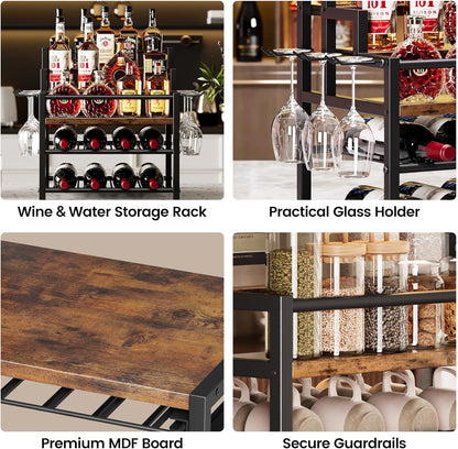5-Tier Liquor Bottle Display Shelf, Holds up to 20 Bottles, Countertop Wine Racks with 6 Wine Glass Holders, Mini Wine Bar Cabinet for Home, All in One Coffee Syrup Whiskey Organizer