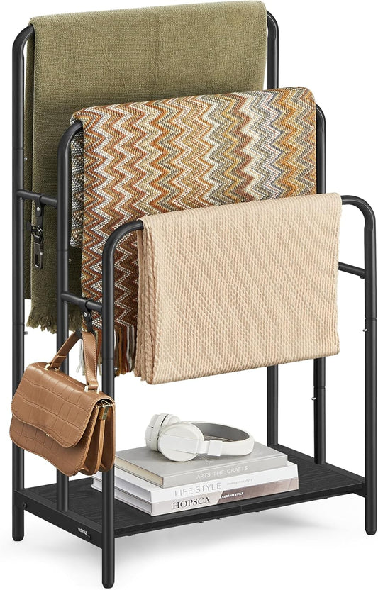 Freestanding Towel Rack, 3-Tier Blanket Holder with Storage Shelf, 19.7 X 11.8 X 39.4 Inches, 2 Hooks, for Bath Towels, Ink Black and Ebony Black ULLS009B01