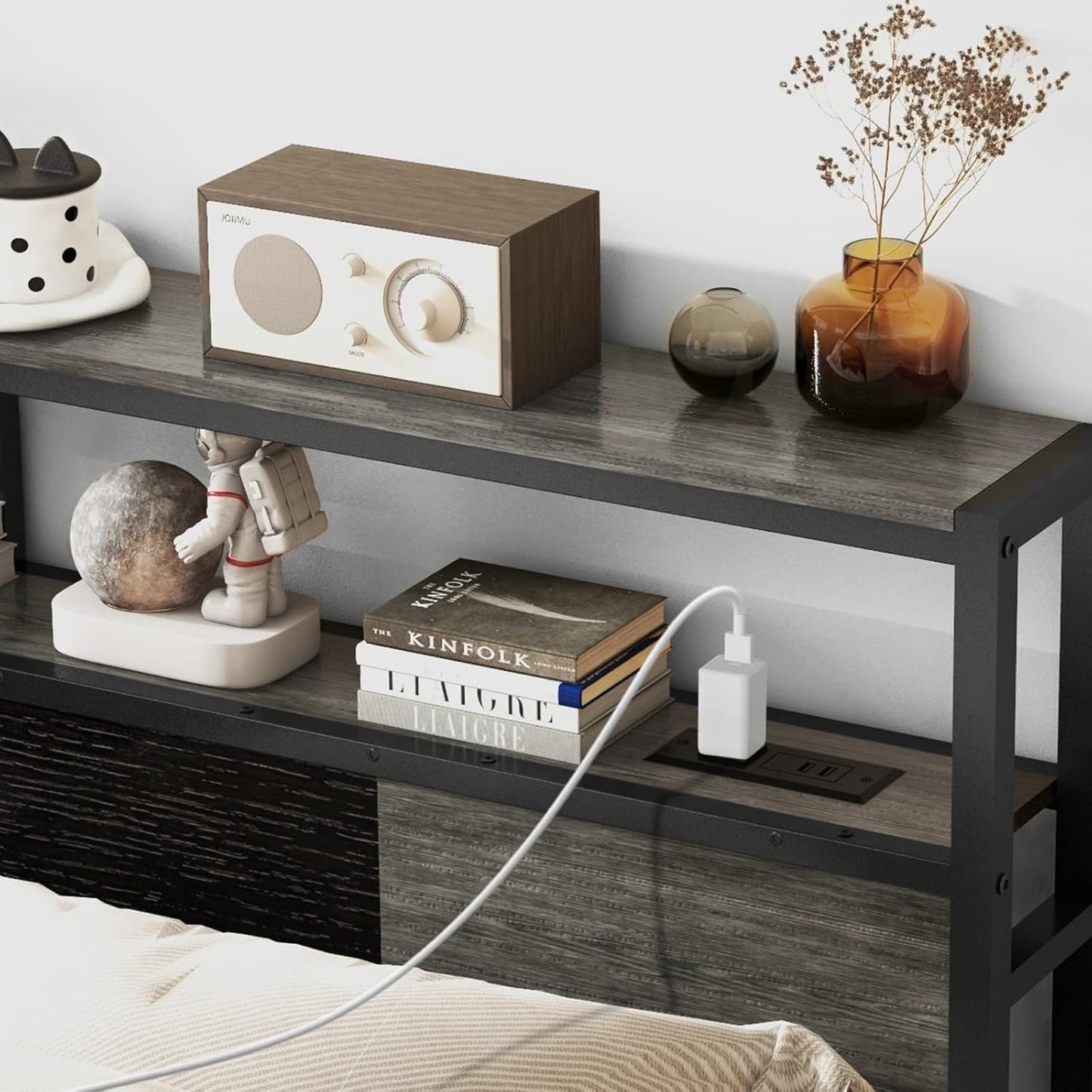 Headboard Full Size, Headboards with Charging Station, USB Port and LED Light, Head Board with 2-Tier Storage Shelf, Adjustable Height, Easy Assembly, Sturdy and Stable, Black
