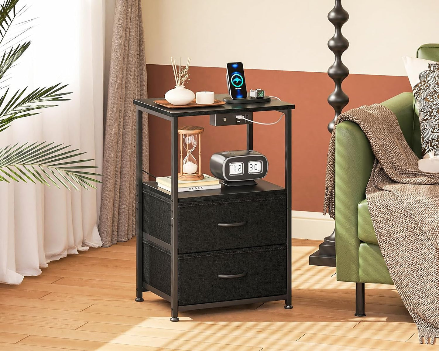 Night Stand with Charging Station and LED Lights, End Table for Bedroom with 2 Fabric Drawers, Small Nightstand with Storage Shelf, Bed Side Bedside Table, Black