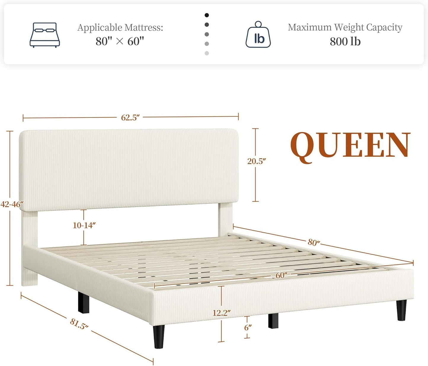 Queen Bed Frames with Adjustable Headboard, Chenille Fabric Upholstered Headboard/Platform Bed, Queen Size Bed Frame No Box Spring Needed/Wood Slats Support/Easy Assembly/Beige