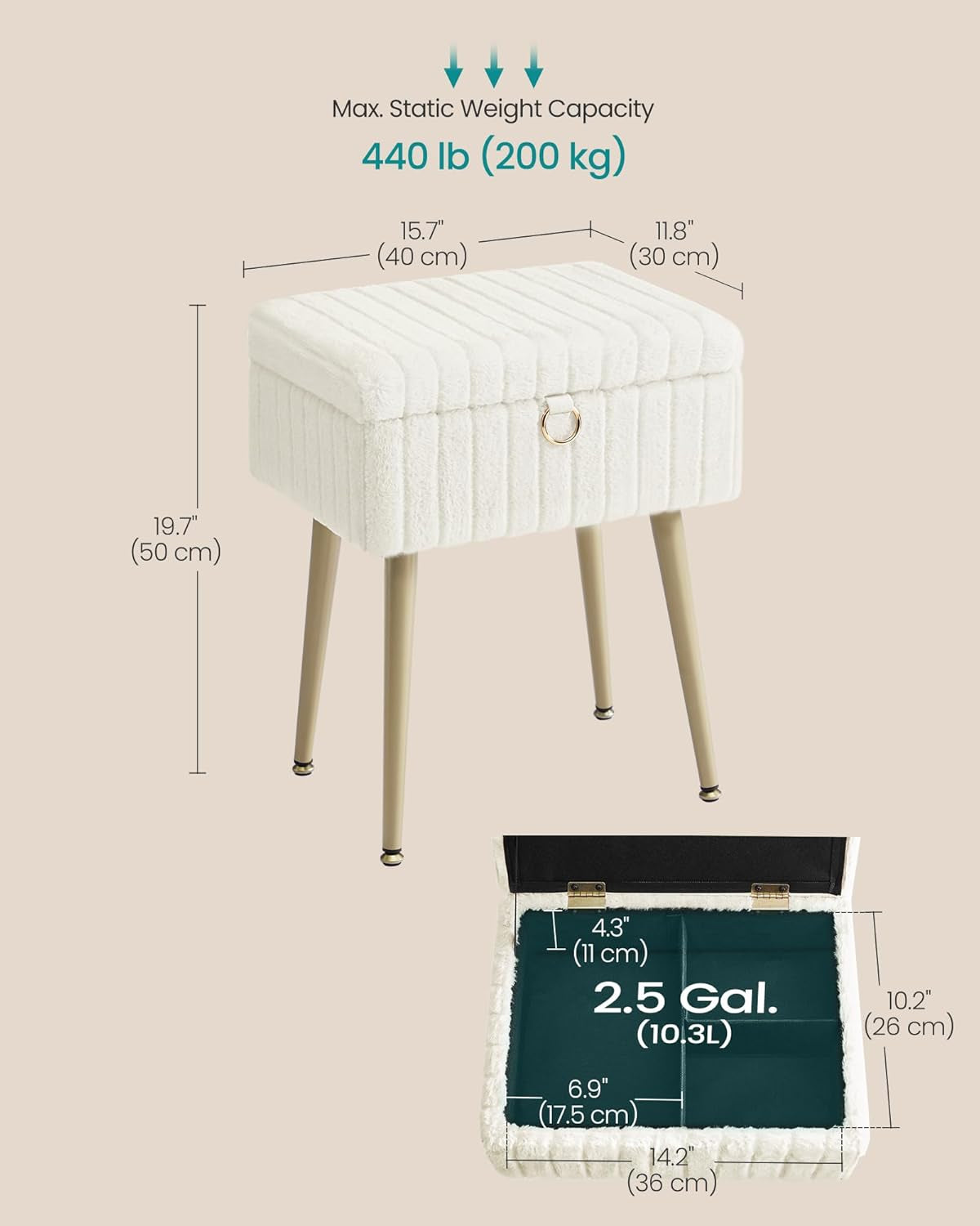 Vanity Stool Chair with Storage, Makeup Stool, Footrest Footstool Ottoman, Metal Legs, Adjustable Feet, for Living Room, Bedroom, Makeup Room, Cream White ULOM505WZ02