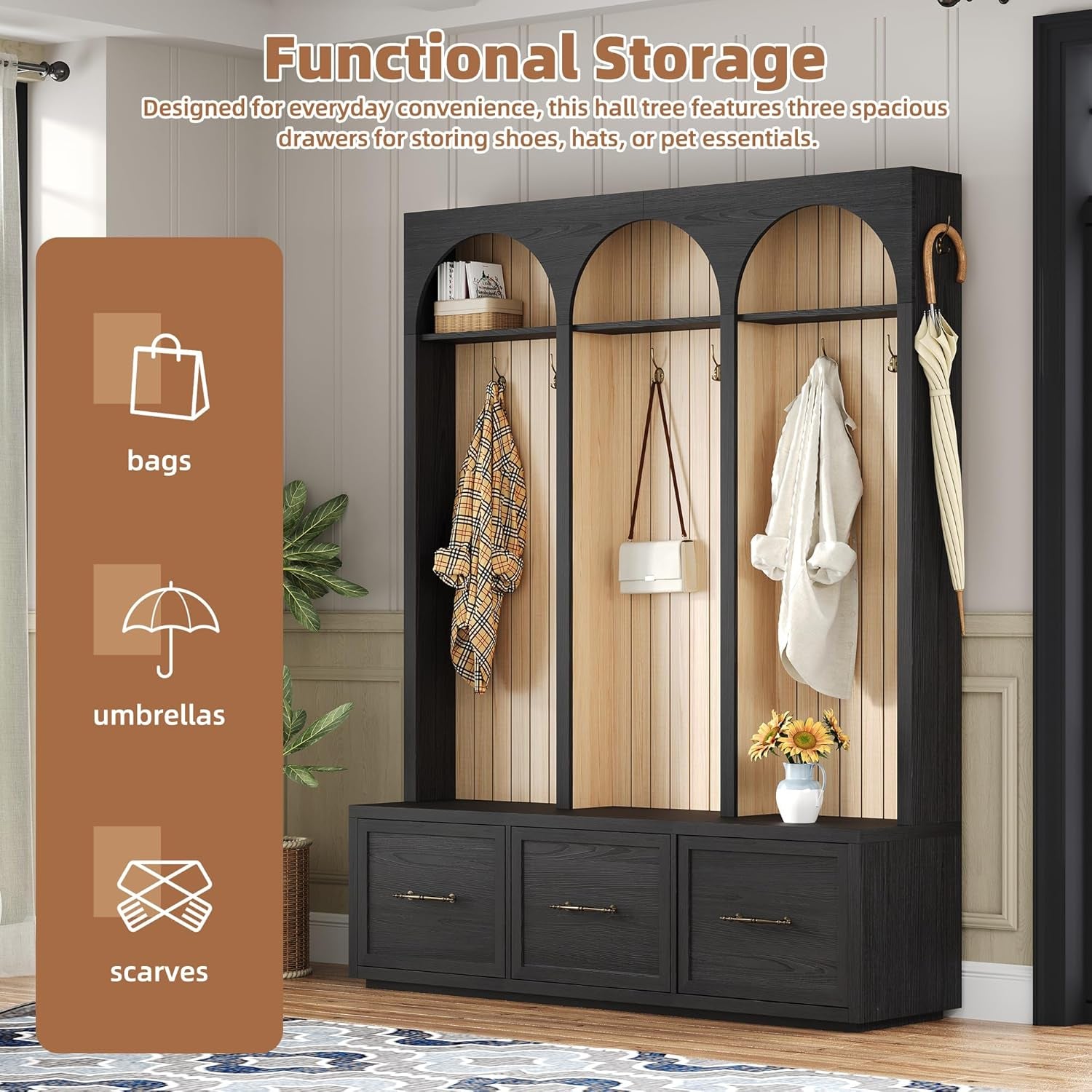 59" Wide Rustic Coat Rack & Shoe Organizer, Farmhouse Hall Tree with Arched Design,Entryway Bench with 3 Drawers, 8 Retro Hooks for Mudroom, Living Room, Black, 74.8" H