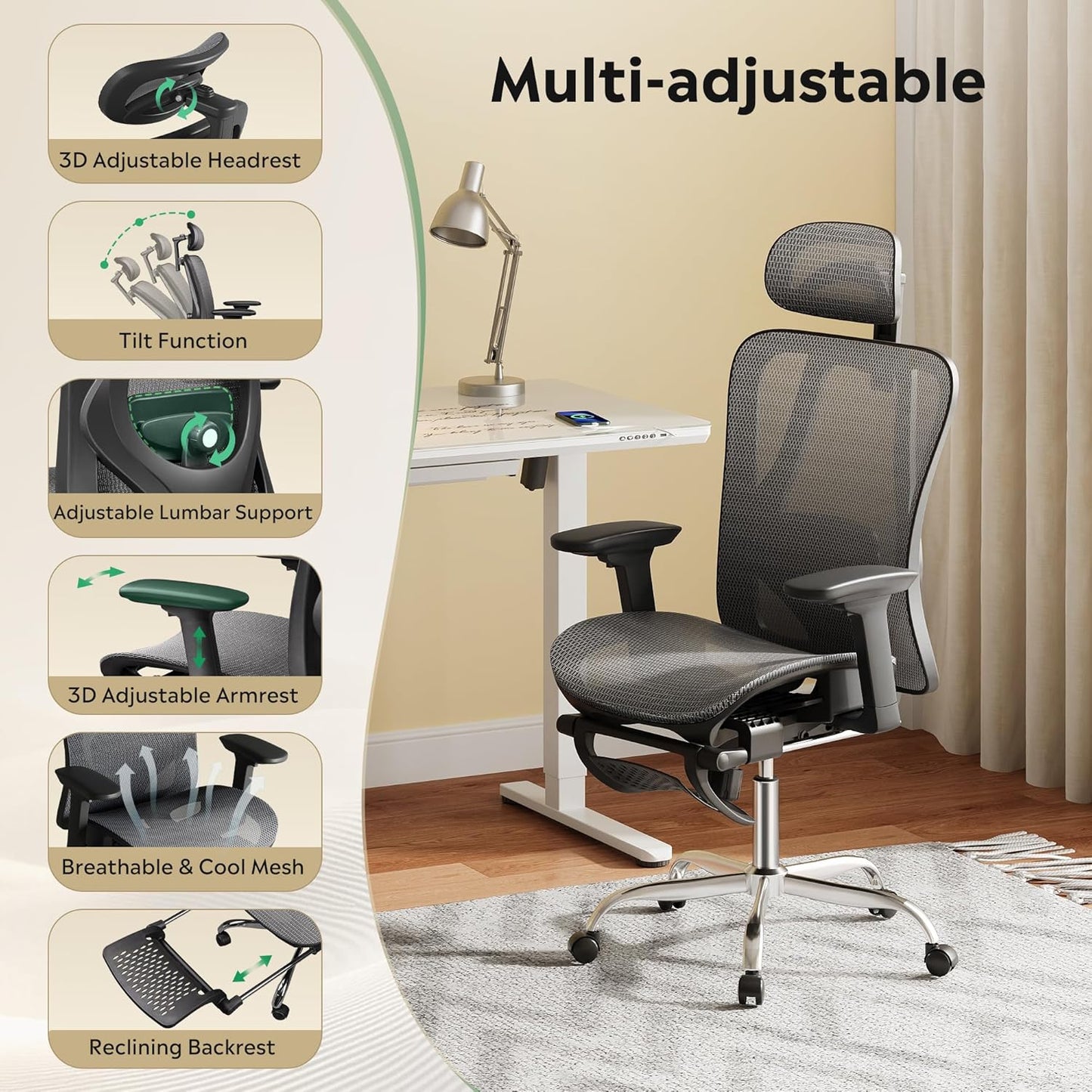 Ergonomic Mesh Office Desk Chair, Retractable Footrest and Adjustable Lumbar Support, Comfy High Back Reclining Computer Gaming Chair, Tilt Function, Heavy Duty, SGS Class 4 Gas Lift, Grey