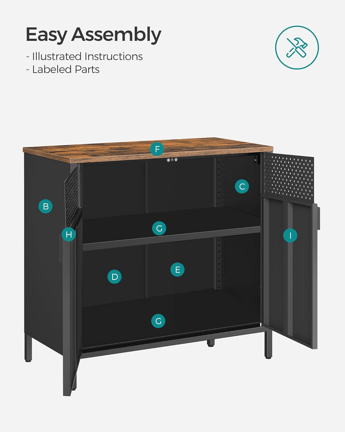 Storage Cabinet, Metal Cabinet, Sideboard with 2 Doors, 15.7 X 31.5 X 29.9 Inches, Magnetic Closure, Adjustable Shelf, Steel Frame, Rustic Brown and Black ULSC102B01