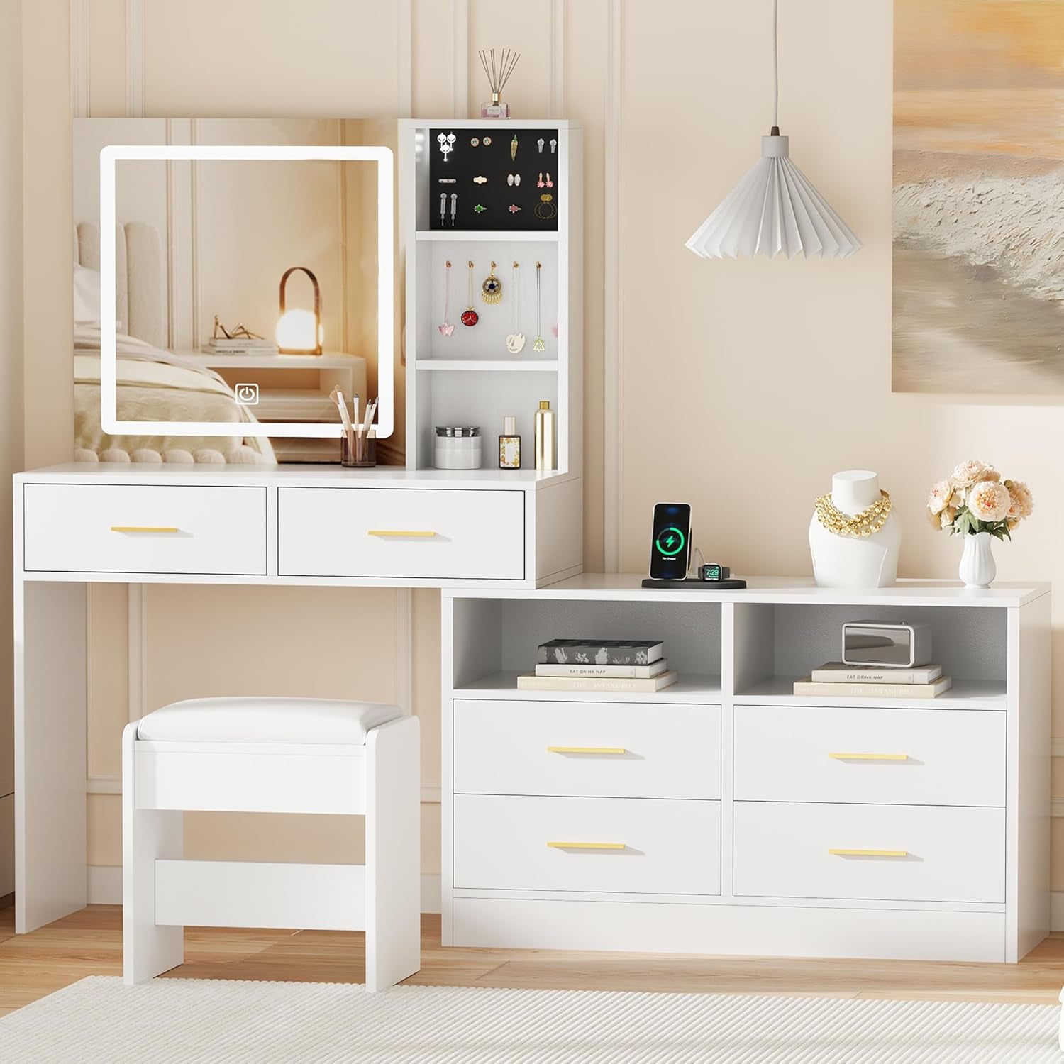 White Vanity Desk with Mirror and Lights,Makeup Vanity L Shape Change Makeup Desk with 6 Drawers Stool Power Outlet Jewelry Storage,Dressing Table with Dresser for Bedroom Girls Women FST26W