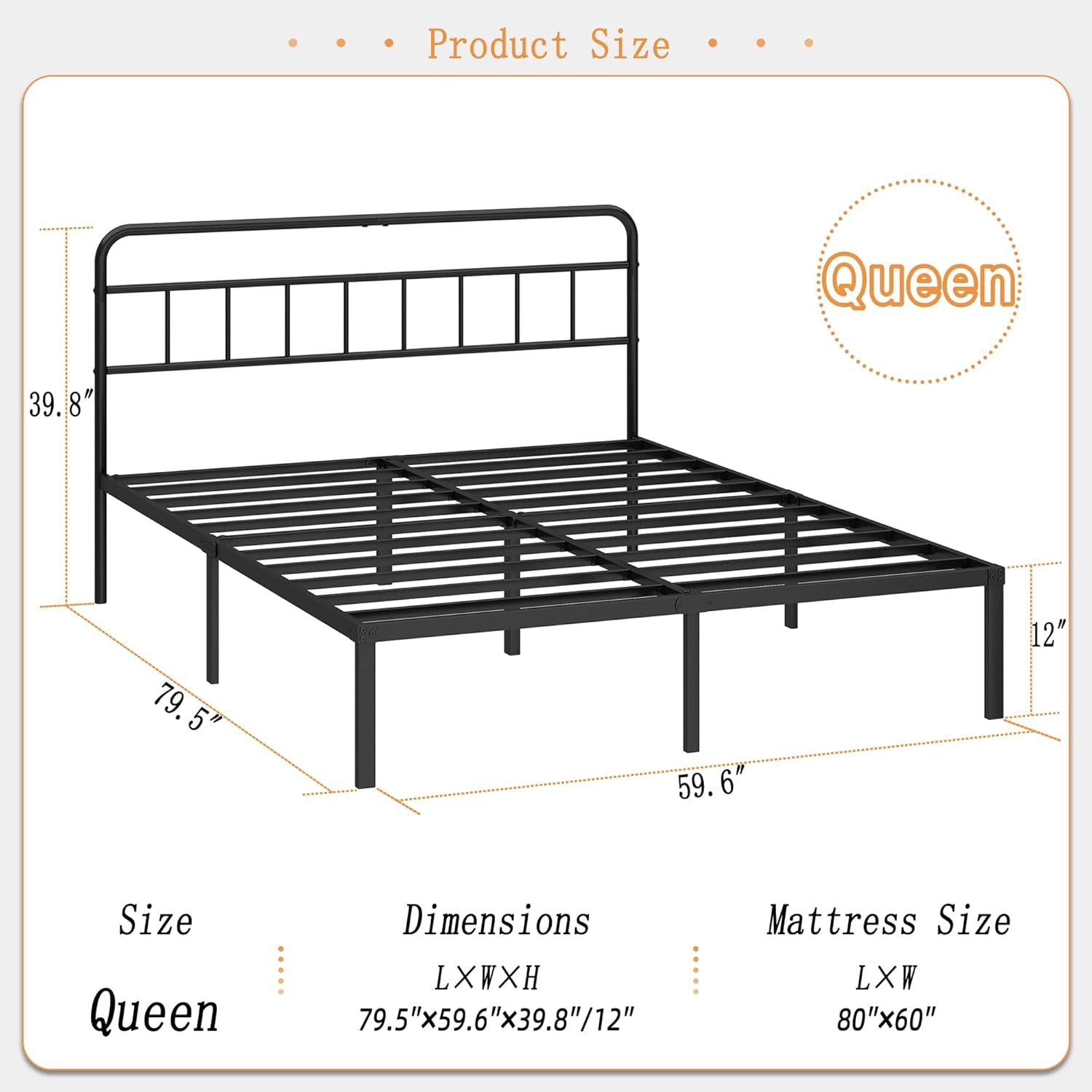 12 Inches Queen Size Bed Frame with Minimalist Headboard,Metal Platform Base with Strong Metal Slats,Mattress Foundation for under Bed Storage,Easy Assembly,Black