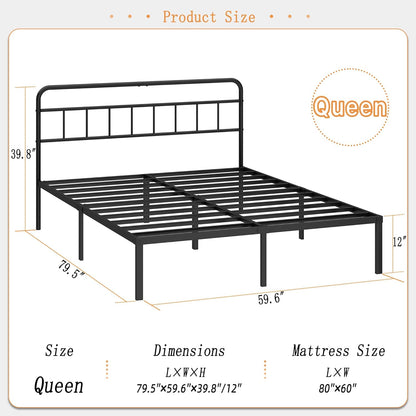 12 Inches Queen Size Bed Frame with Minimalist Headboard,Metal Platform Base with Strong Metal Slats,Mattress Foundation for under Bed Storage,Easy Assembly,Black