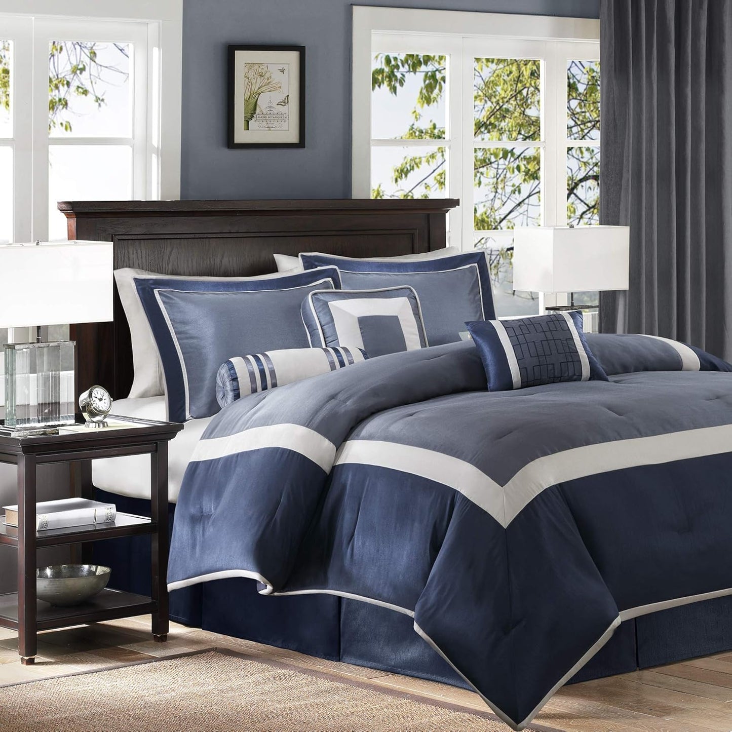 Cozy Comforter Set-Deluxe Hotel Collection, All Season down Alternative Luxury Bedding with Matching Shams, Decorative Pillows, King(104"X92"), Genevieve, Navy 7 Piece