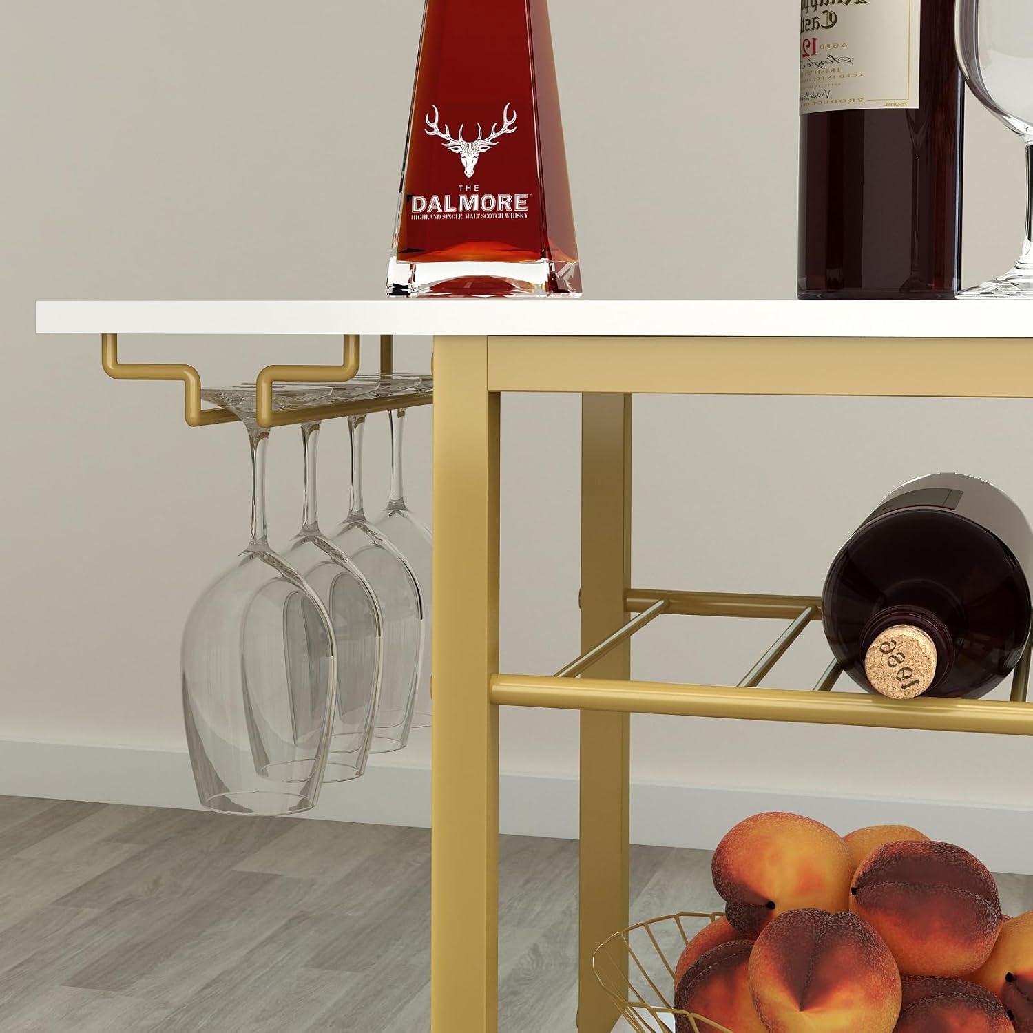 Bar Cart, Home Bar Serving Cart, 3 Tier Mobile Drink Beverage Cart, Rolling Kitchen Shelf with Wine and Glass Holder, for Dinning Room, Living Room, Kitchen