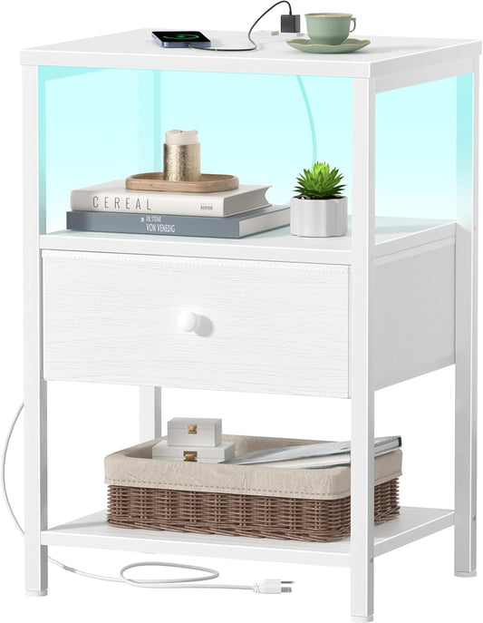 White Nightstand with Charging Station, LED Night Stand with Fabric Drawers and Shelf, Bedside Table with USB Ports and Outlets, Bedroom Nightstand Modern