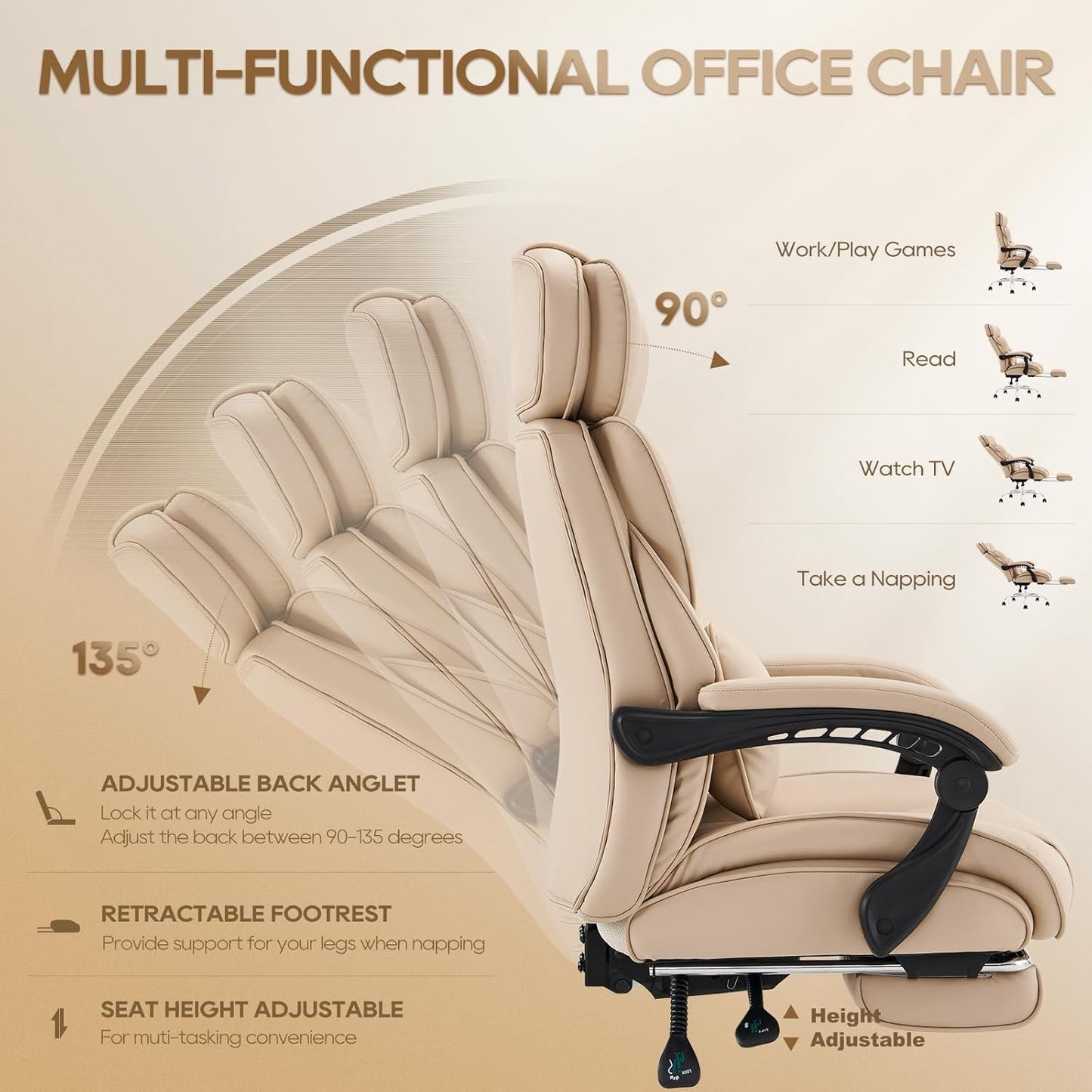 Office Chair with Retractable Footrest, Ergonomic High Back Design Executive Computer Desk Chair with Removable Lumbar Pillow, 90-135°Reclining, Thick Bonded Leather for Home Office Work, Khaki