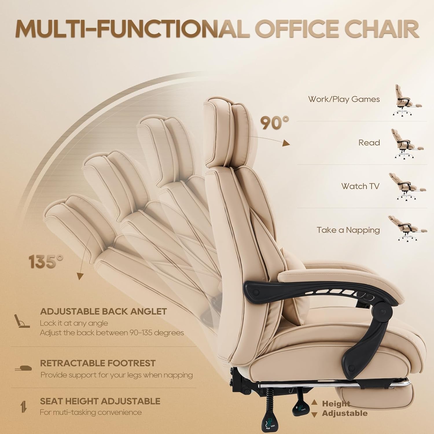 Office Chair with Retractable Footrest, Ergonomic High Back Design Executive Computer Desk Chair with Removable Lumbar Pillow, 90-135°Reclining, Thick Bonded Leather for Home Office Work, Khaki